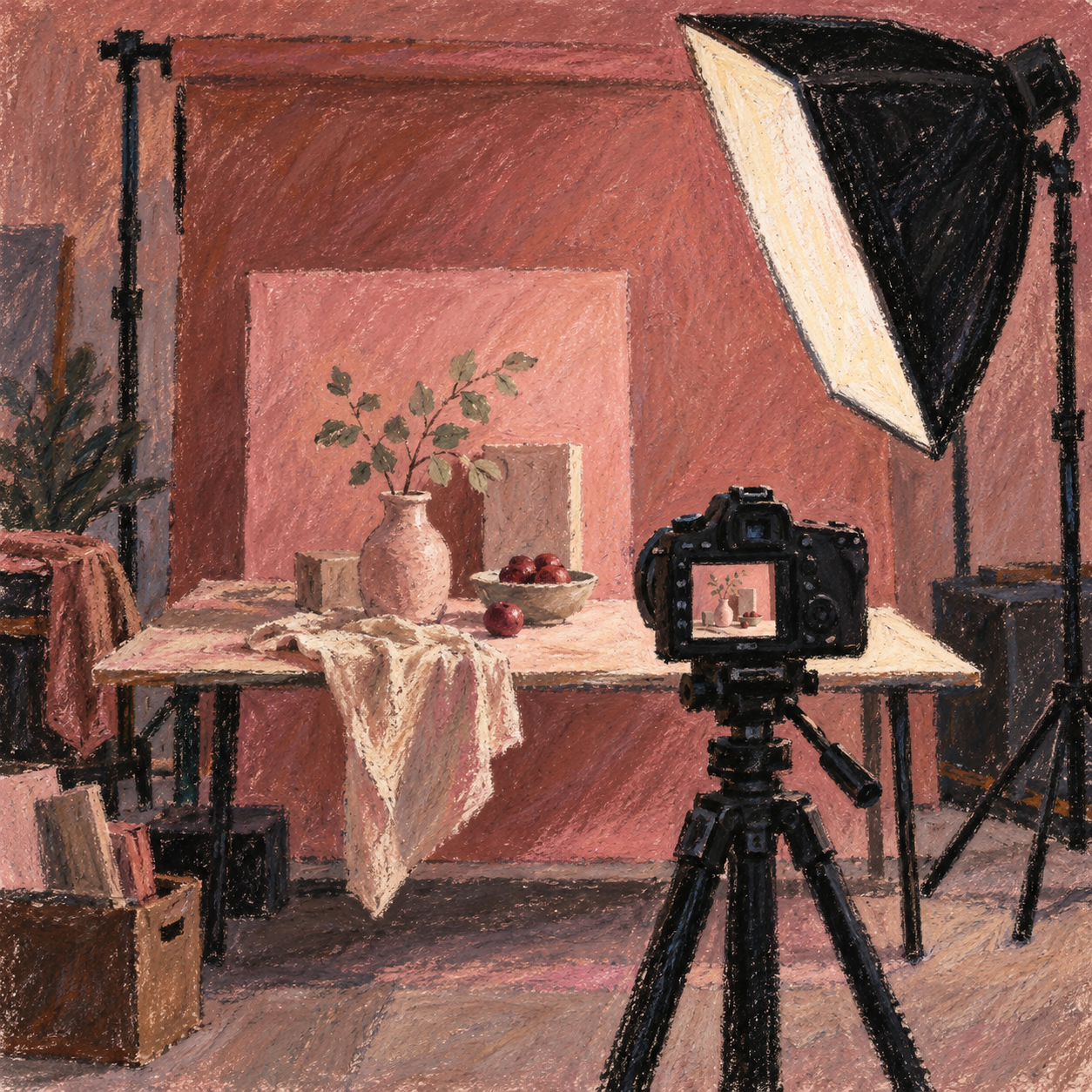 Illustration of commercial photography studio: a still-life table, a softbox, an unbranded camera